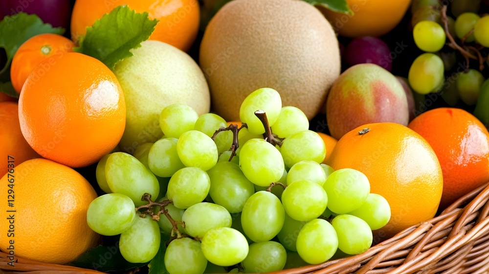A vibrant assortment of fresh fruits including oranges, grapes, and melons in a woven basket A vibrant assortment of fresh fruits including oranges, grapes, and melons in a woven basket