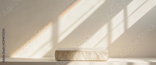 Minimalist podium illuminated by sunlight with rainbow lighting against a white wall for product display