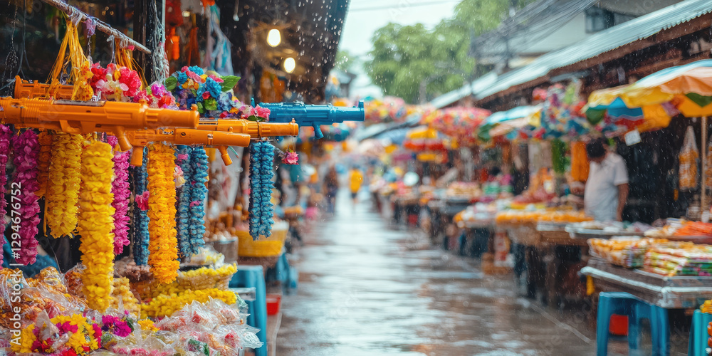 Obraz premium Lively Street Market During Songkran Festival with Vendors Selling Colorful Water Guns, Floral Garlands, and Traditional Thai Snacks, Celebrating the Festive Spirit of Thai New Year.