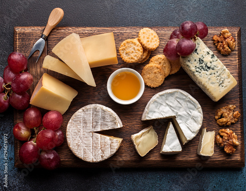 фотографія A selection of British cheeses on a wooden board with grapes, nuts, and crackers