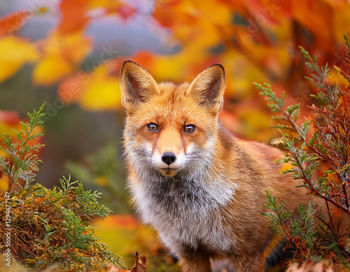 British fox in the wild among autumn leaves with a vibrant backdrop of colors