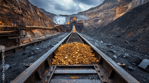 A conveyor belt carries crushed ore towards the processing area in a rare metals factory, surrounded by rugged terrain and cloudy skies, indicating industrial activity