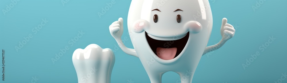 Tooth character with toothbrush isolated on blue background with copy space. 3d illustration. Dental concept with copy space Tooth character with toothbrush isolated on blue background with copy space. 3d illustration. Dental concept with copy space