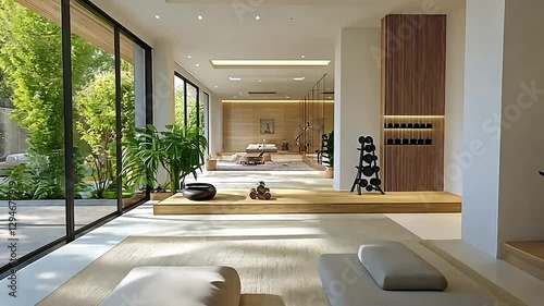 Serene Home Gym Design: Minimalist Zen Interior with Natural Light