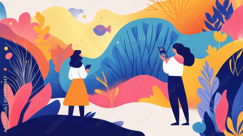 Naklejka premium Exploring digital connections through nature art in a vibrant creative scene