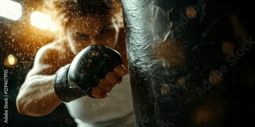 A fighter strikes a punching bag, showcasing intense focus and determination in a gritty training environment.