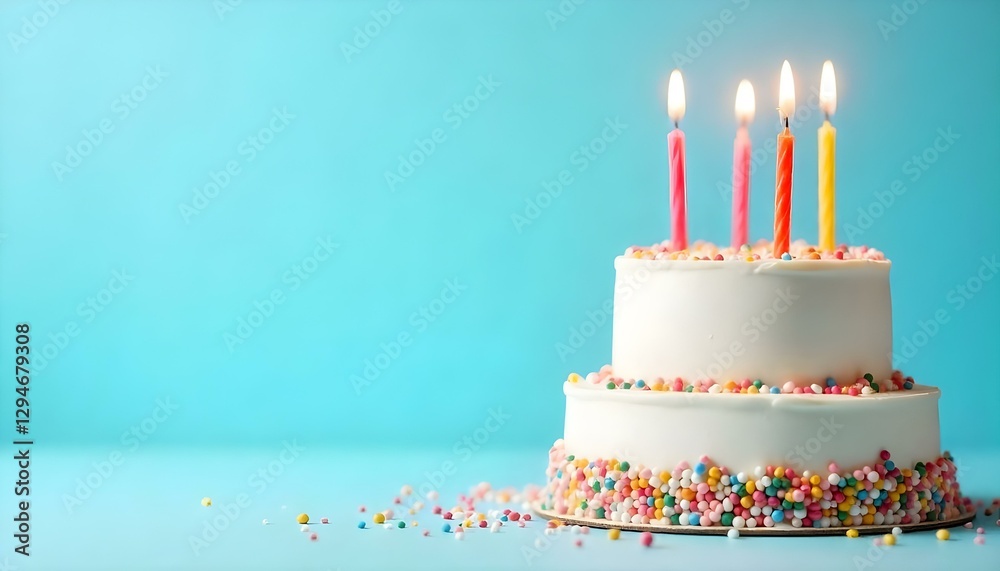 Una toma de estudio muestra un pastel de cumpleaños de tres niveles adornado con velas encendidas y chispitas de colores, sobre un fondo azul claro Una toma de estudio muestra un pastel de cumpleaños de tres niveles adornado con velas encendidas y chispitas de colores, sobre un fondo azul claro