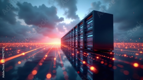 Minimal server rack merges real-time analytics with glowing streaming data, illustrating machine learning operations in a neutral space.