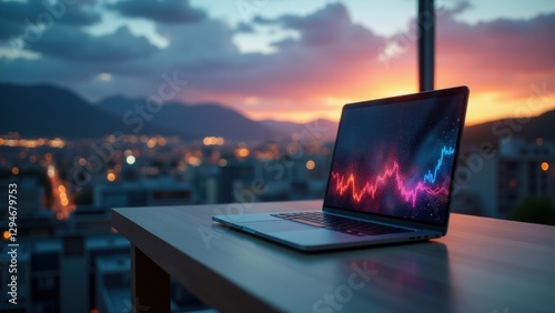 Solitary laptop reveals a bright feed of streaming data for real-time analytics, leveraging machine learning in a clean, empty setting.