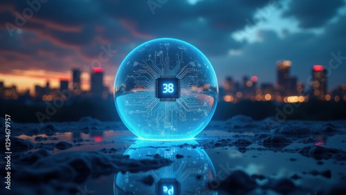 Floating data sphere encloses a mini circuit, depicting real-time analytics and machine learning streams in a sleek, photorealistic style.