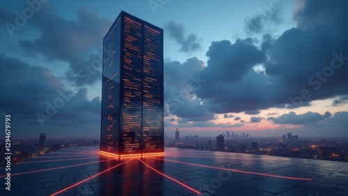 One server tower emits glowing threads of streaming data, showcasing real-time analytics under machine learning-driven processing.