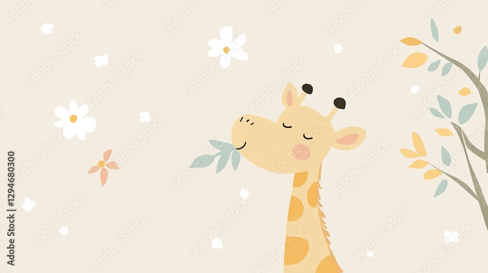 Naklejka premium Cute giraffe eating leaves in floral garden