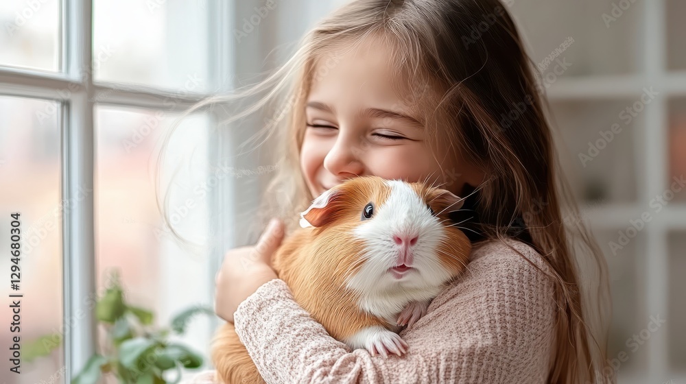 Joyful Girl Hugging Guinea Pig Cavy in Warm Embrace near Window, Capturing Friendship Joyful Girl Hugging Guinea Pig Cavy in Warm Embrace near Window, Capturing Friendship