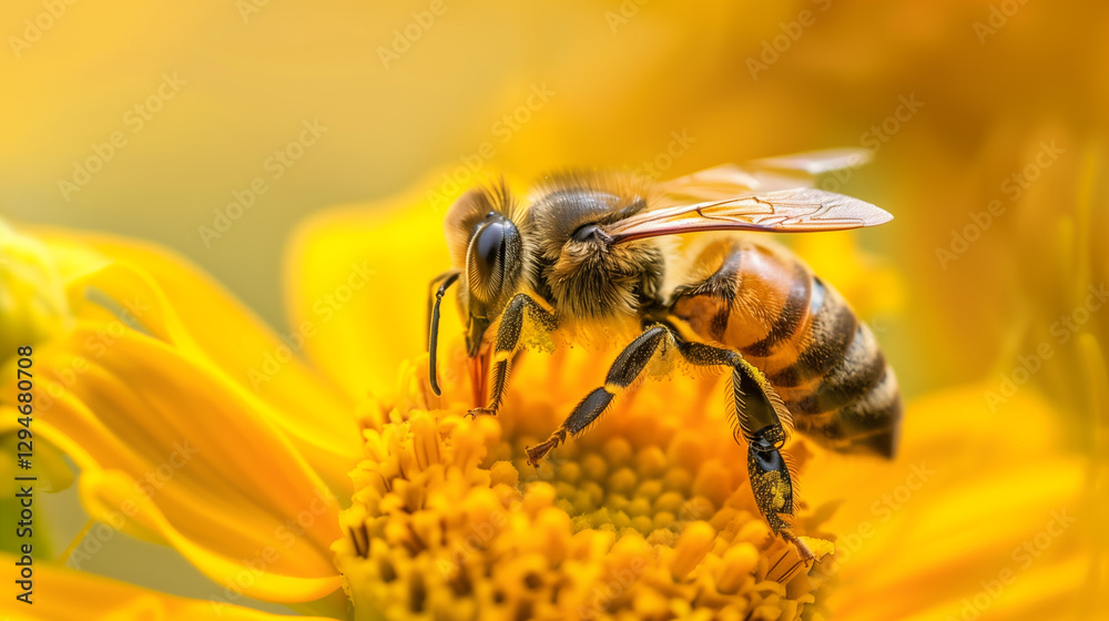 Macro shot of a honeybee collecting nectar from a vibrant yellow flower, highlighting pollination and biodiversity. Macro shot of a honeybee collecting nectar from a vibrant yellow flower, highlighting pollination and biodiversity.