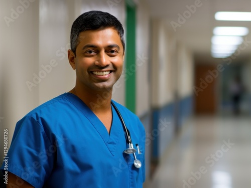 Portrait of a young Indian male doctor with stethoscope in hospital corridor. Healthcare. Medical concept with copy space. 