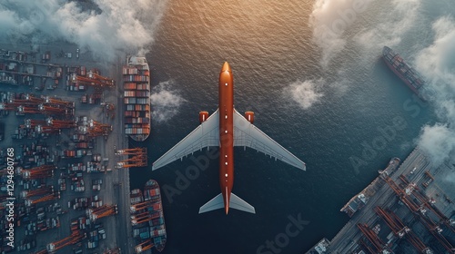 Global Trade Aerial View: Airplane and Cargo Ships