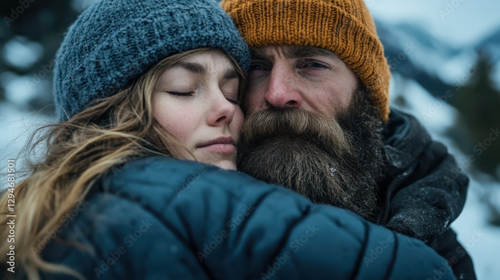 Warm Embrace. Couple Hugging in Winter with Hats and Jackets in Snow Landscape Warm Embrace. Couple Hugging in Winter with Hats and Jackets in Snow Landscape