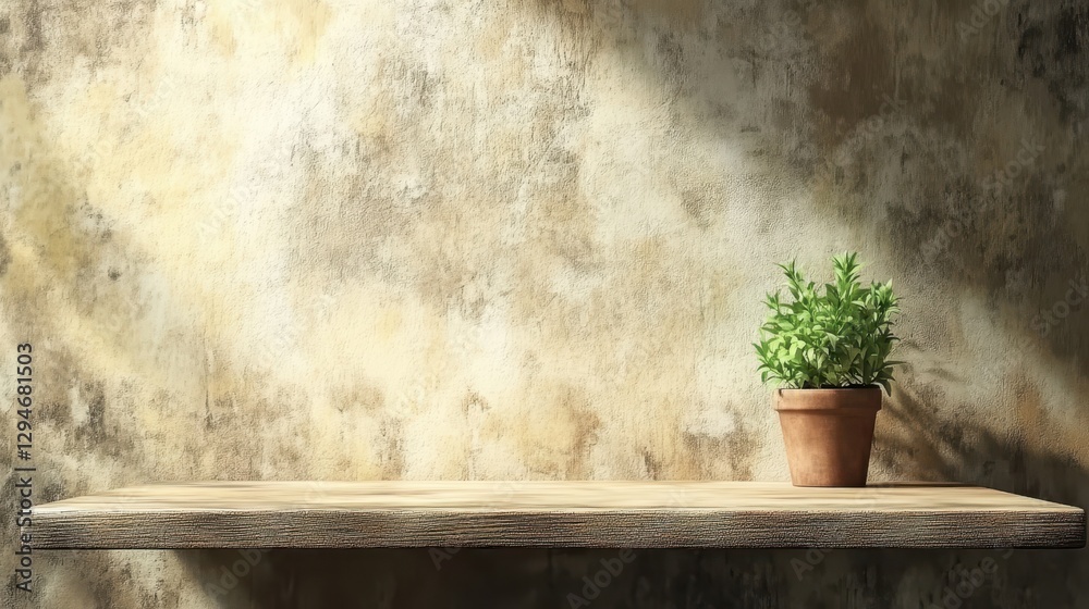 Wooden Shelf, Textured Wall and Potted Plant Display. Natural Light.