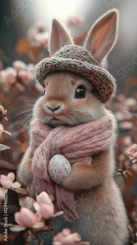 Photo of a cute bunny wearing a cowboy hat and pastel pink scarf, sitting by a rustic wooden fence in a desert landscape with blooming roses and Easter eggs Generative AI photo