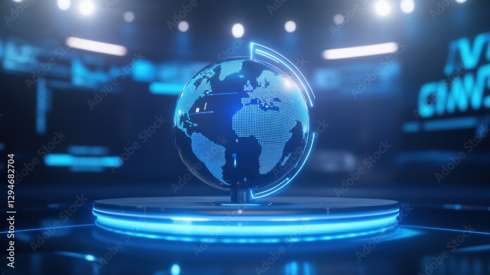 Futuristic global network globe on a lit platform Futuristic global network globe on a lit platform