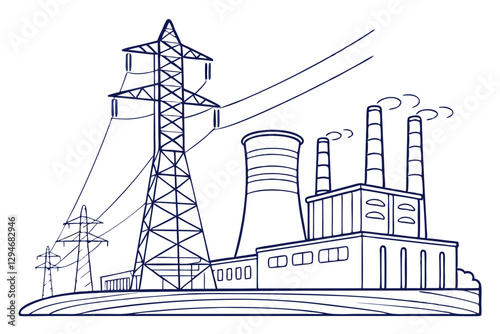 Power Generation Plant Line Art – Industrial Energy Vector Illustration