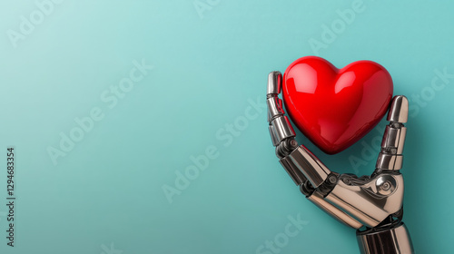 A humanoid robot AI agent holding a red heart in it's hands symbolizing agentic autonomy in healthcare and medicine and the future of love and romance with humans and autonomous bots