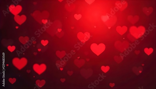 Efecto bokeh de corazones rojos sobre un fondo rojo oscuro, iluminación suave y difusa, contrastes vibrantes, texturas suaves, arte digital