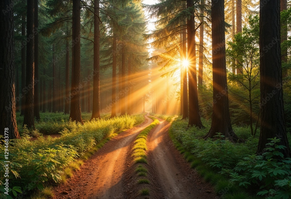 Fototapeta premium Sunlight streaming through towering trees on a scenic forest path, creating a warm and inviting atmosphere