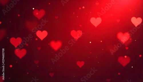 Efecto bokeh de corazones rojos sobre un fondo rojo oscuro, iluminación suave y difusa, contrastes vibrantes, texturas suaves, arte digital
