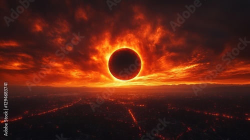Epic solar eclipse at sunset with fiery clouds surrounding the blackened sun above a cityscape. Generative AI