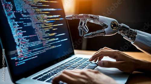 A humanoid AI agent robot helping a human worker with coding at a laptop computer symbolizing agentic autonomy at work and the future of automation in jobs with copilot bots as assistants