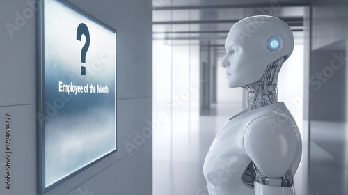 A humanoid robot AI agent looking at an Employee of the Month poster of a human worker symbolizing agentic autonomy and the automation of jobs causing unemployment and displacement