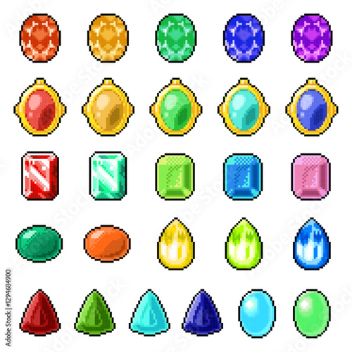 Set of gems and amulets in various colors in retro 8-bit pixel art style