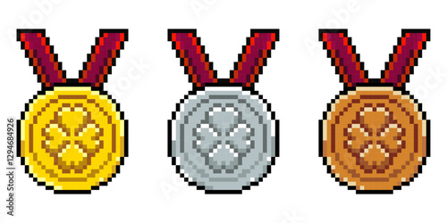 Gold, silver and bronze medals in retro 8-bit pixel art style