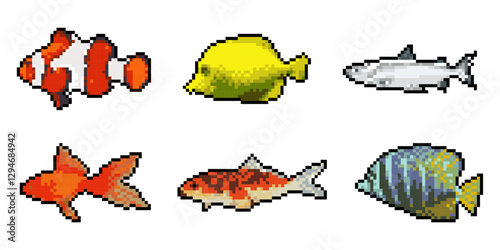 Collection of fish in retro 8-bit pixel art style