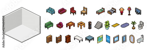 Basic isometric pixel art room with collection of furniture