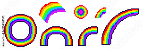 Set of rainbows in retro 8-bit pixel art style