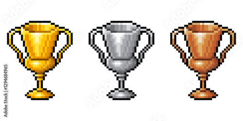 Gold, silver and bronze throphies in retro 8-bit pixel art style