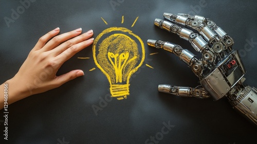 A human and a humanoid AI agent robot have their hands next to a lightbulb chalk drawing symbolizing agentic autonomy and brainstorming ideas through collaboration with autonomous copilot bots
