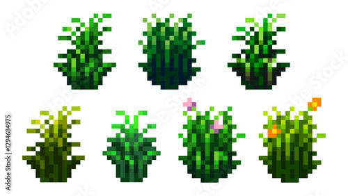 Set of grass tufts in retro 8-bit gaming pixel art style