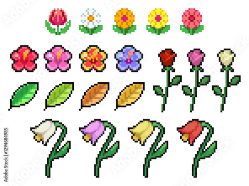 Set of retro 8-bit pixel art flowers and leaves