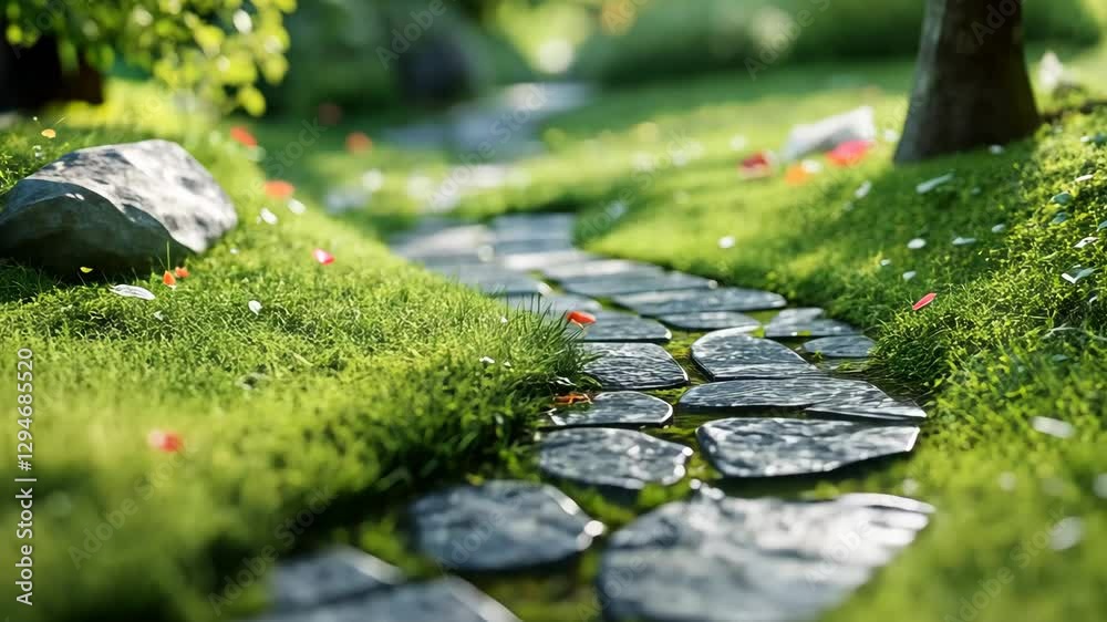 A serene stone path winds through lush greenery, evoking tranquility and a peaceful stroll through a garden