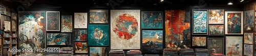 Rustic Urban Art Gallery with Colorful Mixed Media Paintings and Sculptures. Generative AI photo