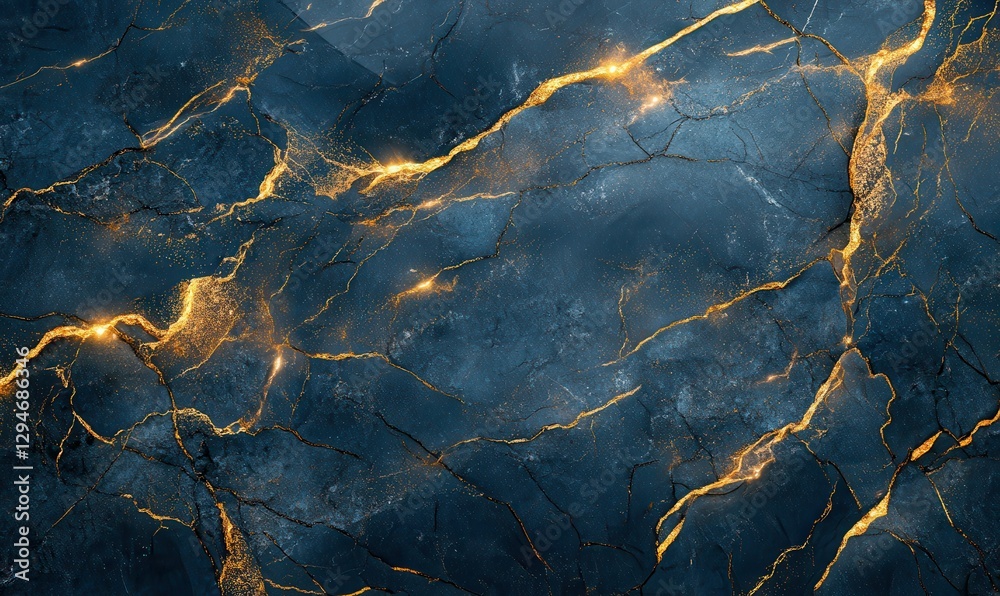 Luxurious dark blue marble surface with intricate golden veining illuminated by glowing highlights, creating a sophisticated and modern composition