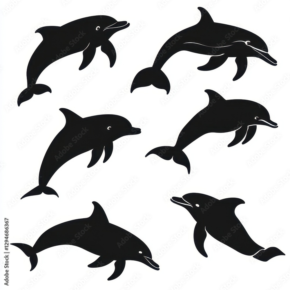 Fototapeta premium Set of Dolphin Silhouettes: Elegant Black Forms of Aquatic Mammals in Dynamic Leap