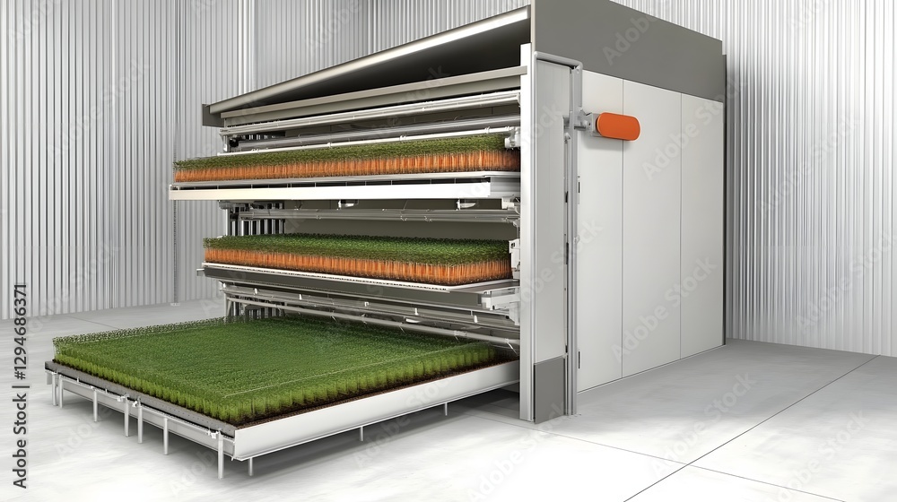 Advanced vertical farming system with stacked trays of seedlings in a modern indoor facility Advanced vertical farming system with stacked trays of seedlings in a modern indoor facility