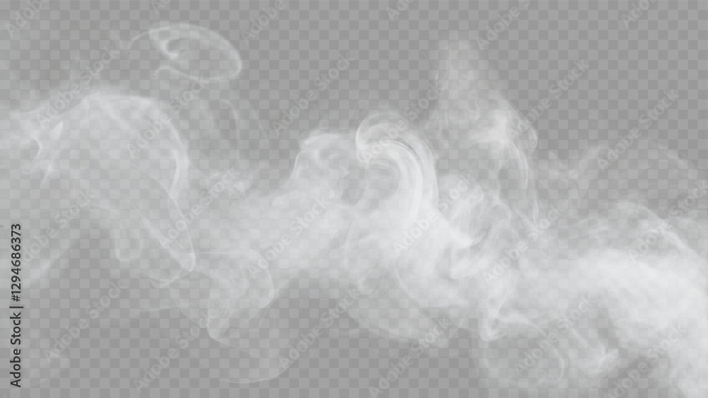 Vector illustration of soft, flowing white smoke with a transparent background. Ideal for overlays, fog effects, steam, and atmospheric elements.
