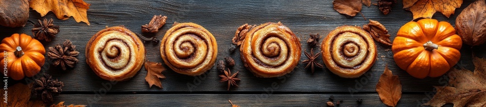 Fototapeta premium Autumn Inspired Cinnamon Rolls with Seasonal Decorations on Wooden Table. Generative AI