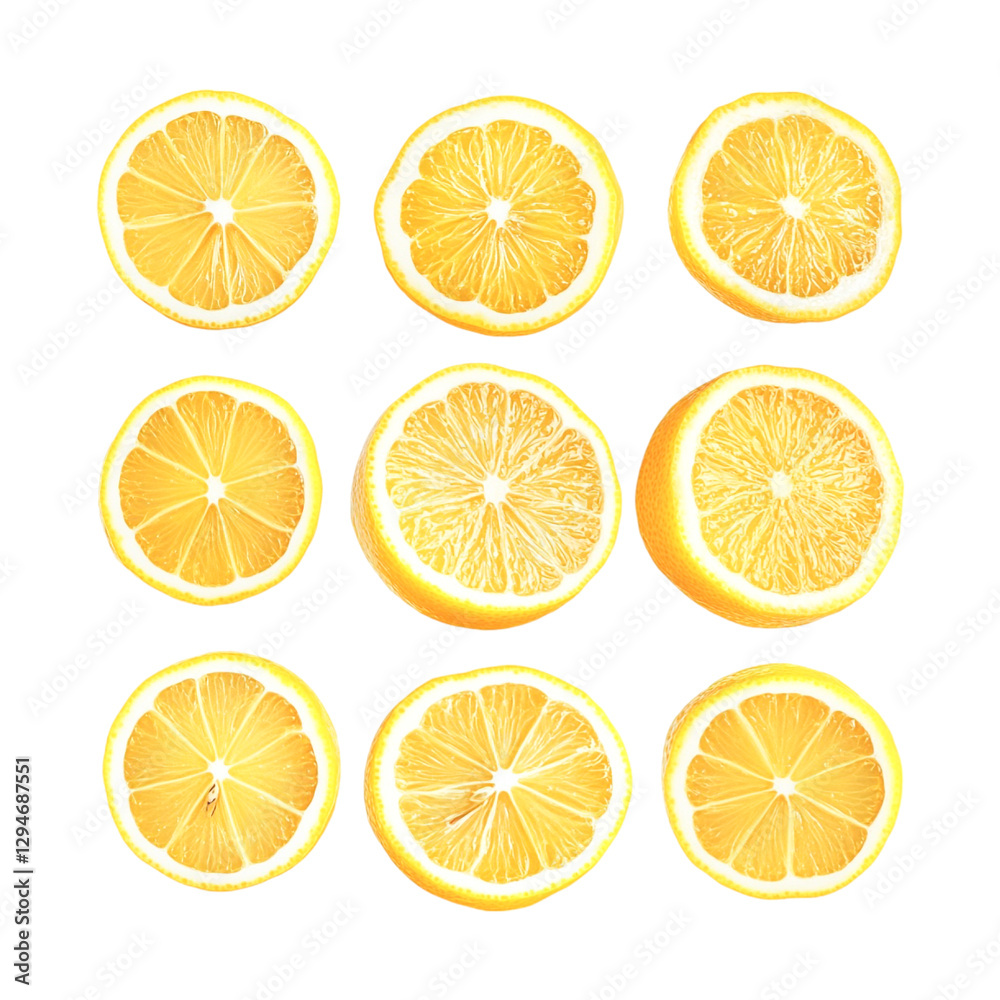 Nine juicy lemon slices a vibrant citrus collection radiating freshness and summery zest Nine juicy lemon slices a vibrant citrus collection radiating freshness and summery zest