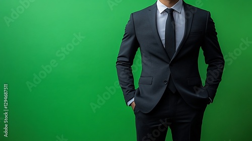 Man in suit, hands in pockets, green background, corporate portrait
